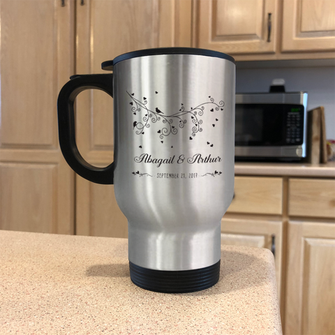 Image of Love Birds Personalized Metal Coffee and Tea Travel Mug