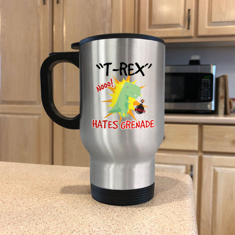 Image of Metal Coffee and Tea Travel Mug T-Rex Hates Grenade