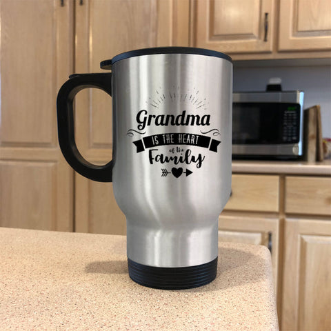 Image of Personalized Metal Coffee and Tea Travel Mug Grandma Is The Heart Of The Family