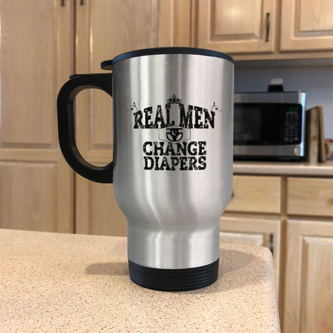 Image of Metal Coffee and Tea Travel Mug Real Men Changing Diapers