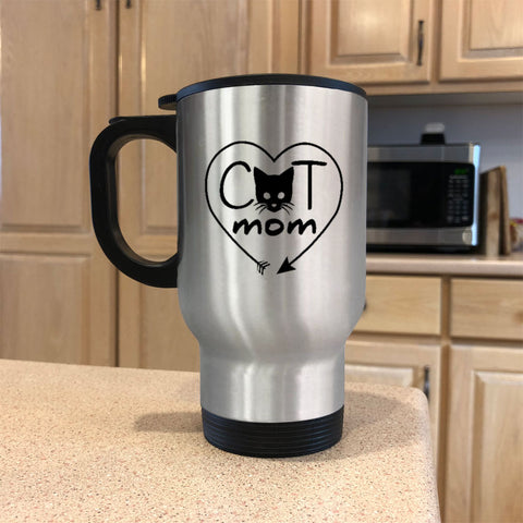 Image of Metal Coffee and Tea Travel Mug Cat Mom Heart Arrow