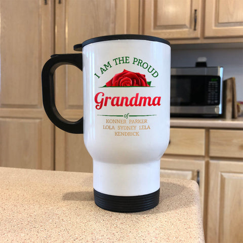 Image of Personalized Roses Proud Grandma White Metal Coffee and Tea Travel Mug