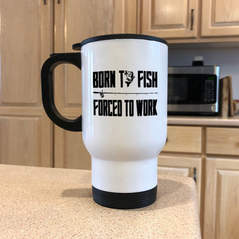 Image of Born To Fish White Metal Coffee and Tea Travel Mug