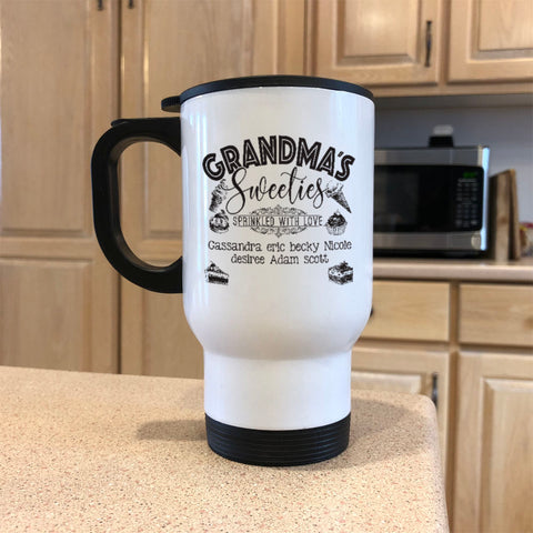 Image of Grandma's Sweeties Personalized White Metal Coffee and Tea Travel Mug