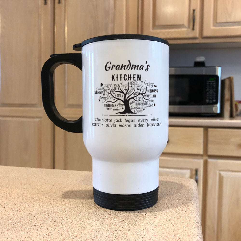 Grandmas Kitchen  Personalized White Metal Coffee and Tea Travel Mug