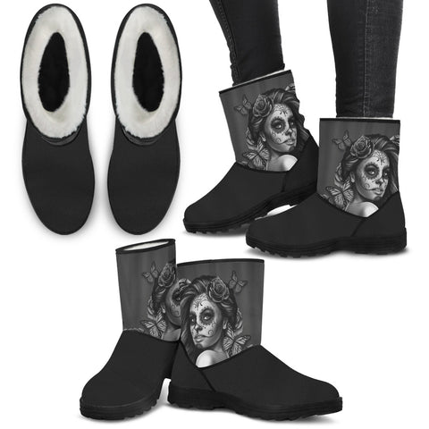 Image of Calavera Girl Sugar Skull B&W Faux Fur Boots