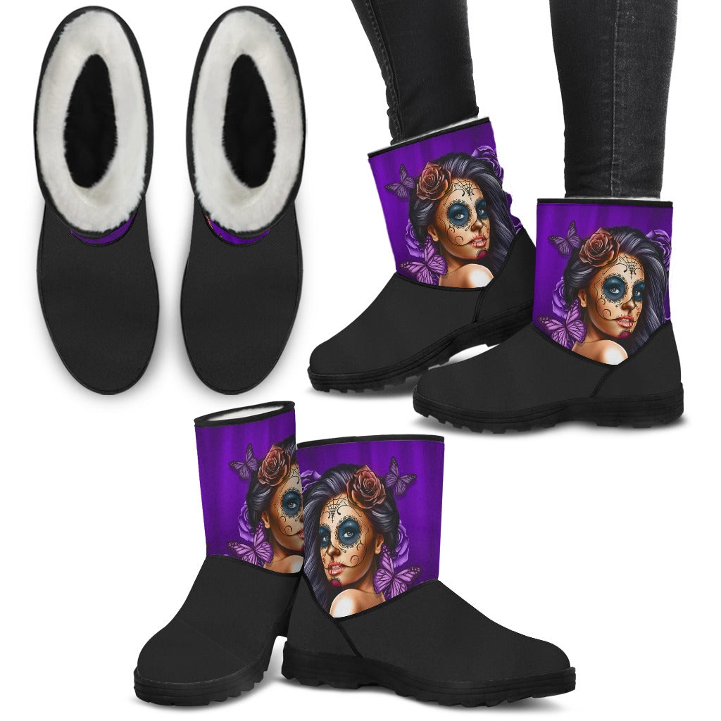 Calavera Girl Sugar Skull Purple Faux Fur Boots