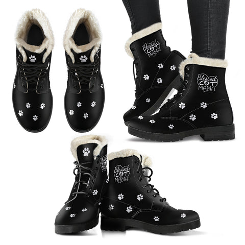 Image of Blessed Cat Mama Faux Fur Leather Boots