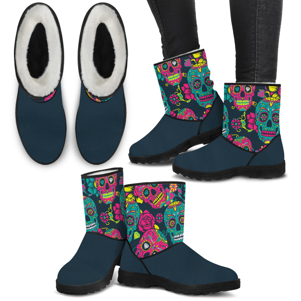 Sugar Skull Turquoise and Pink Faux Fur Boots