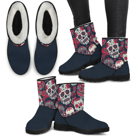 Image of Sugar Skull Red Rose Navy Faux Fur Boots