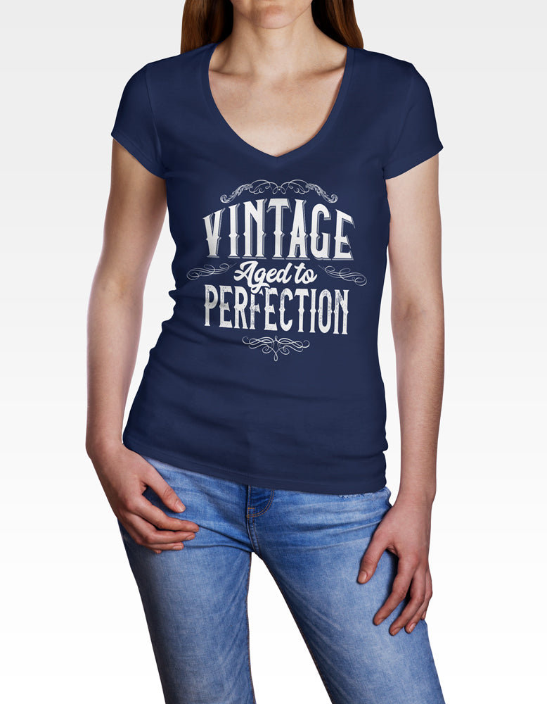 Ladies Cotton V-Neck T-Shirt Vintage Aged to Perfection