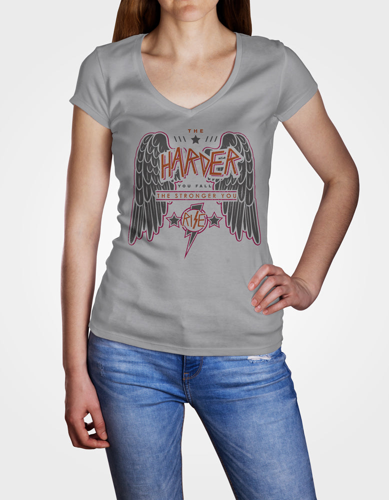 Ladies Cotton V-Neck T-Shirt The Harder You Fall The Stronger you Rise