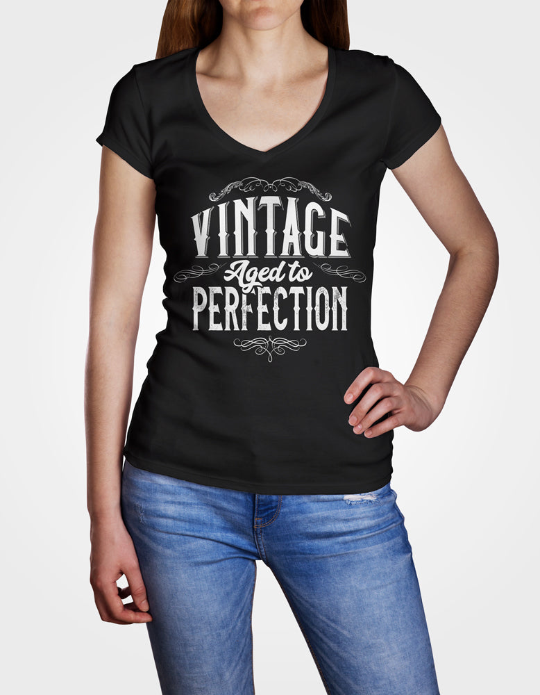 Ladies Cotton V-Neck T-Shirt Vintage Aged to Perfection