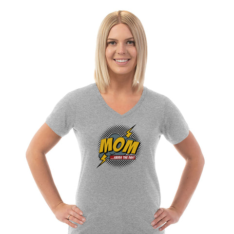 Image of Mom Saves The Day Ladies Cotton V-Neck T-Shirt