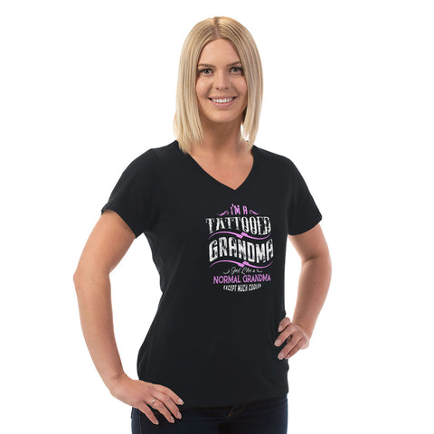 Image of Tattooed Grandma Ladies Cotton V-Neck T-Shirt