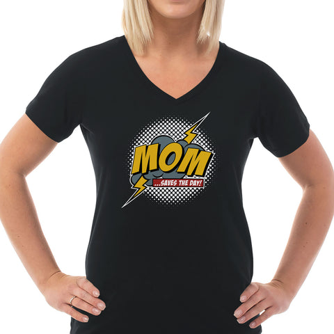 Image of Mom Saves The Day Ladies Cotton V-Neck T-Shirt