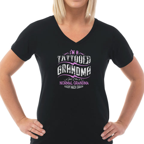 Image of Tattooed Grandma Ladies Cotton V-Neck T-Shirt