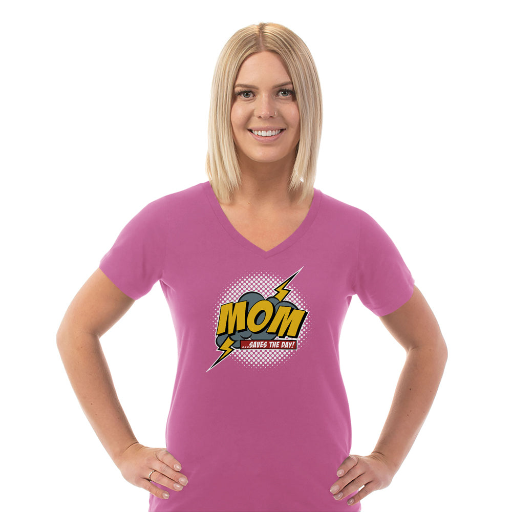 Mom Saves The Day Ladies Cotton V-Neck T-Shirt