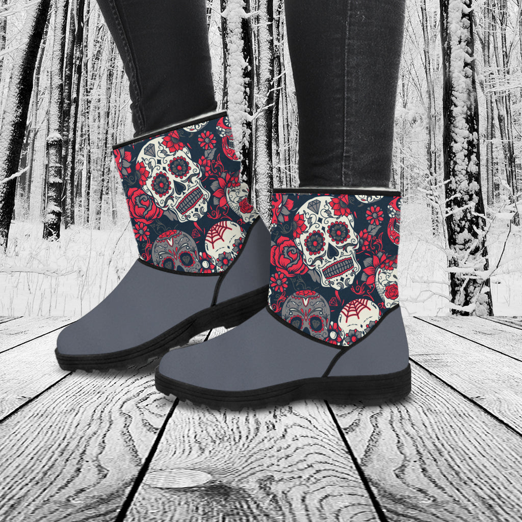 Sugar Skull Gray and Red Faux Fur Boots