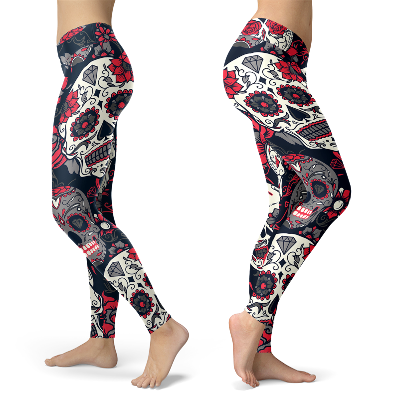 Sugar Skull and Red Rose Printed Leggings Yoga Pants