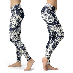 Sugar Skull Black and White Cats Leggings Yoga Pants