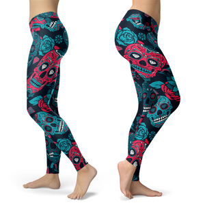 Sugar Skull Red & Turquoise Printed Leggings Yoga Pants