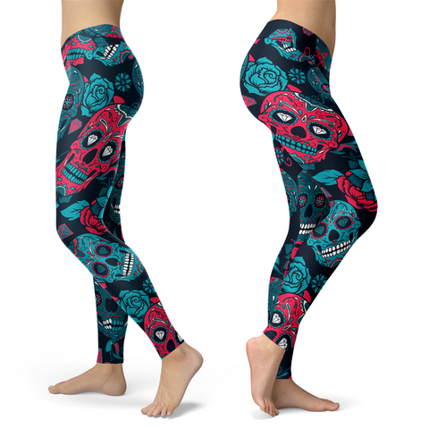 Image of Sugar Skull Red & Turquoise Printed Leggings Yoga Pants