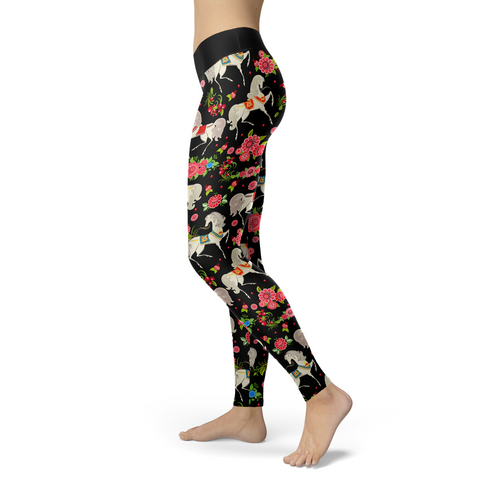 Image of Horse Leggings Horses and Pink Flowers