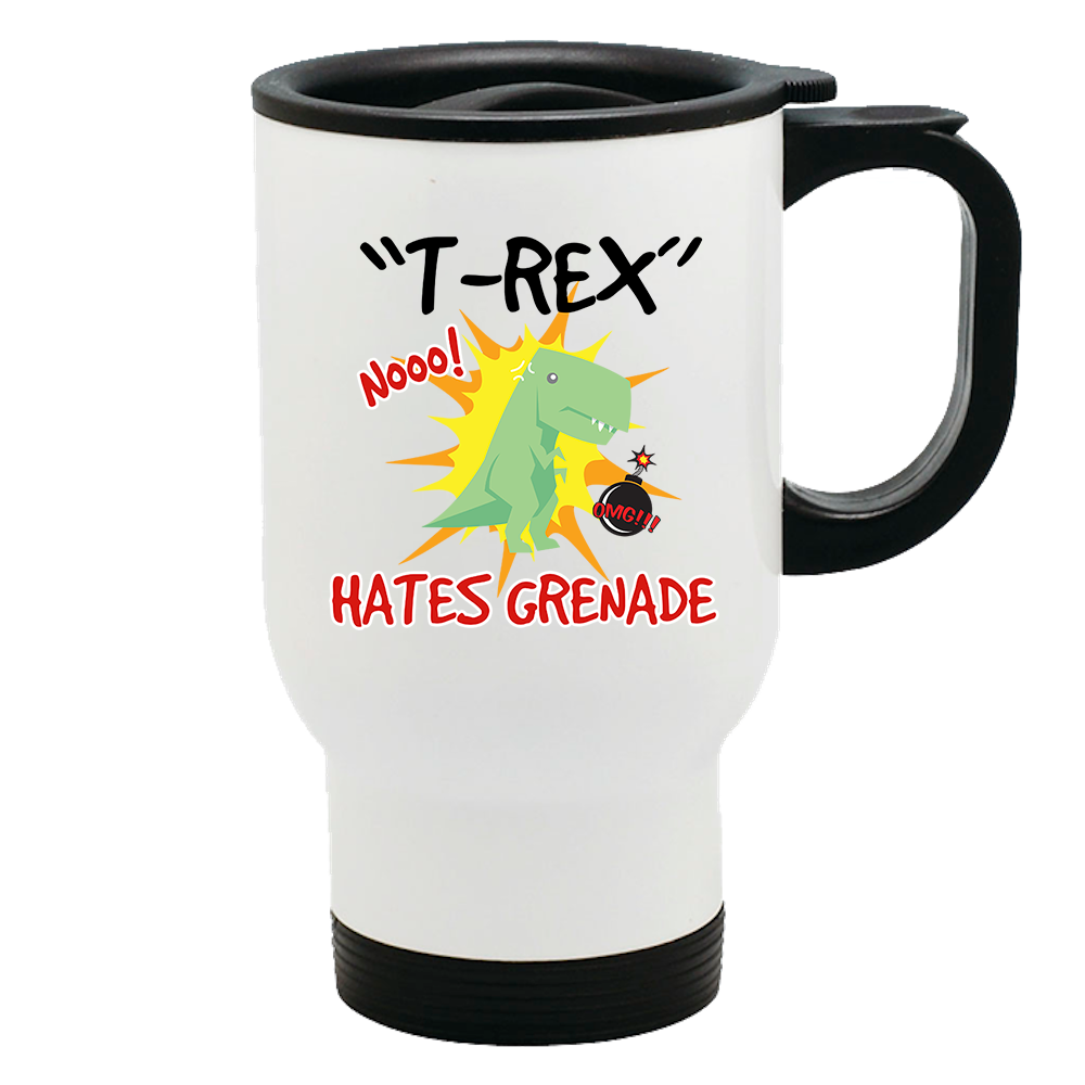Metal Coffee and Tea Travel Mug T-Rex Hates Grenade