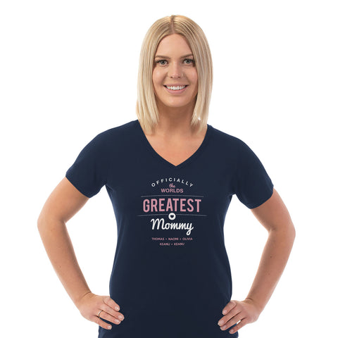 Image of Worlds Greatest Mommy Personalized Ladies V Neck Tee