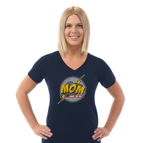 Image of Mom Saves The Day Ladies Cotton V-Neck T-Shirt