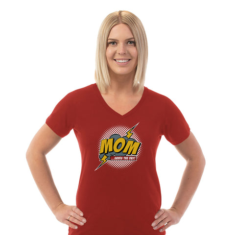 Image of Mom Saves The Day Ladies Cotton V-Neck T-Shirt