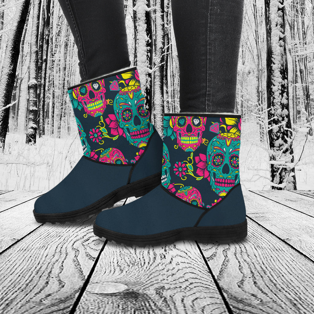 Sugar Skull Turquoise and Pink Faux Fur Boots