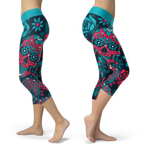 Sugar Skull Capris Turquoise and Red