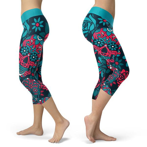 Image of Sugar Skull Capris Turquoise and Red