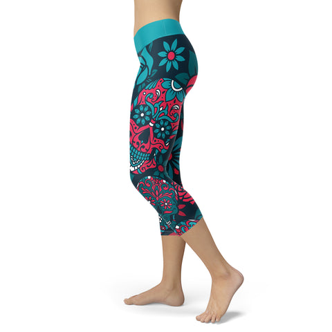 Image of Sugar Skull Capris Turquoise and Red