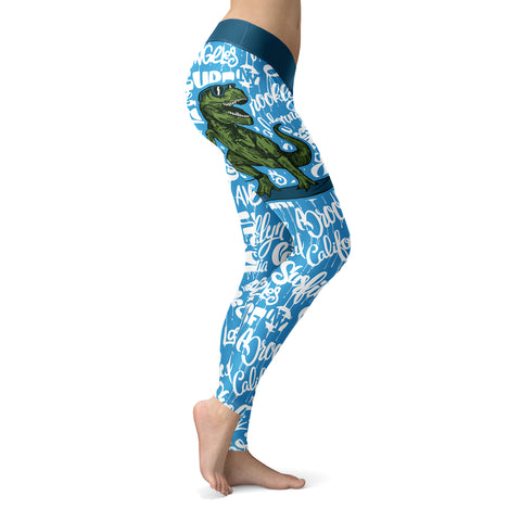 Image of Surfing Leggings T-Rex Surfing With Surf Text