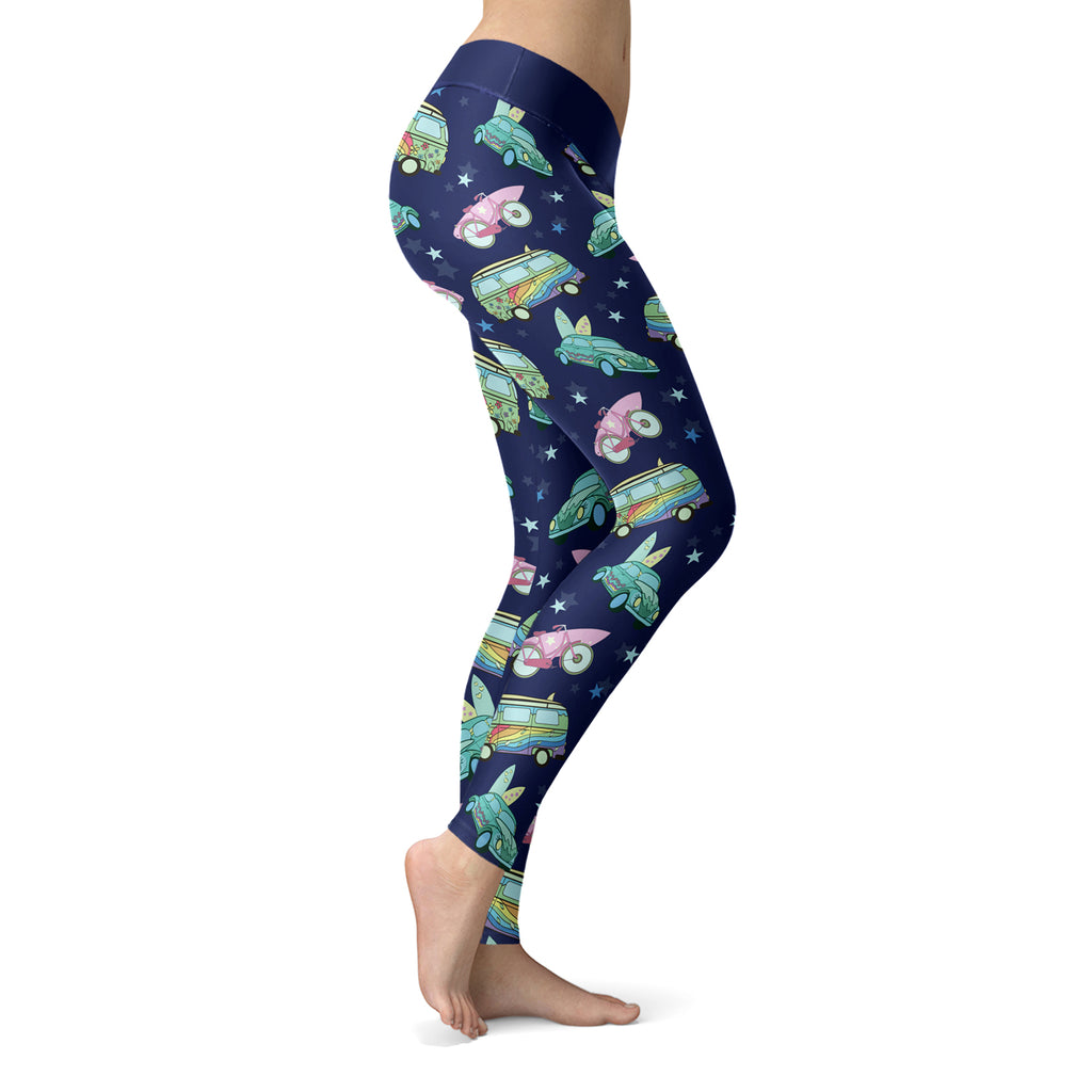 Surfing Leggings Hippie Vans, Cars and Bicycles with Surf Board