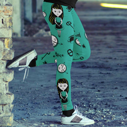 Image of Wonderland Leggings Alice Girl with Clocks Teal