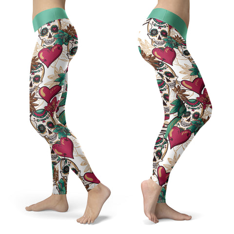 Image of Red Hearts and Sugar Skull Leggings Yoga Pants