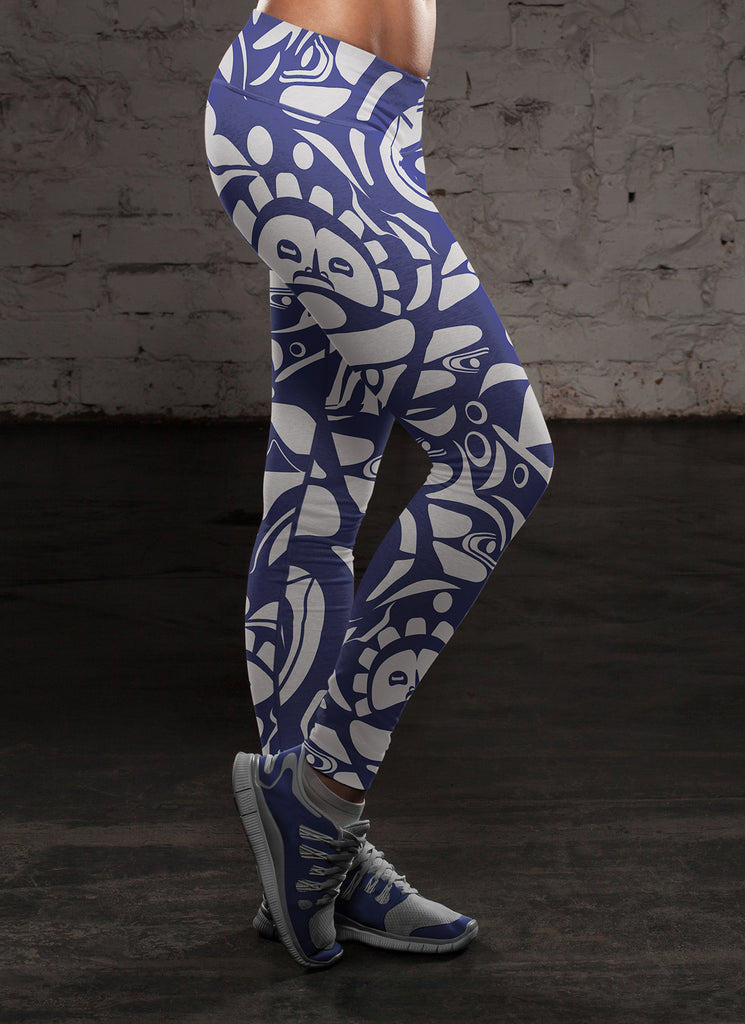 Native Pattern White and Blue Leggings