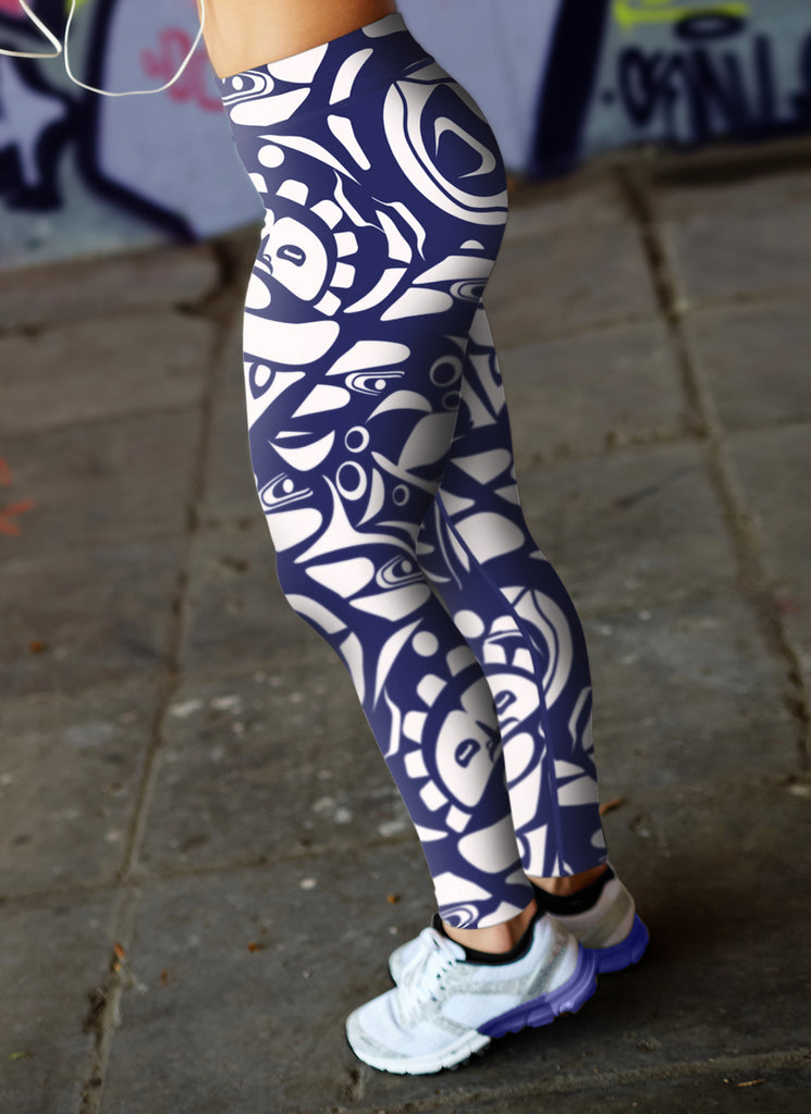 Native Pattern White and Blue Leggings