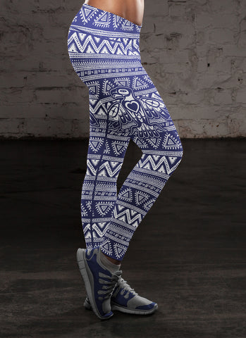 Image of Native Bird Pattern White and Blue Leggings