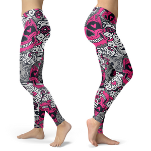 Sugar Skull Pink and Silver Leggings Yoga Pants