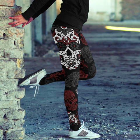 Image of Sugar Skull Leggings Black and Red