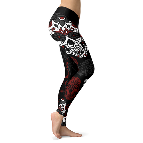 Image of Sugar Skull Black and Red Leggings Yoga Pants