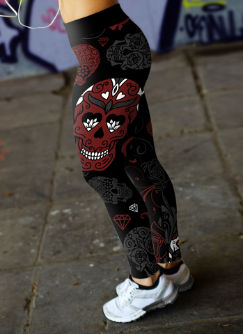 Image of Sugar Skull Black and Red Leggings Yoga Pants