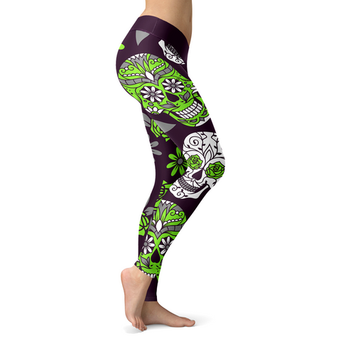 Image of Sugar Skull Green and Purple Leggings Yoga Pants