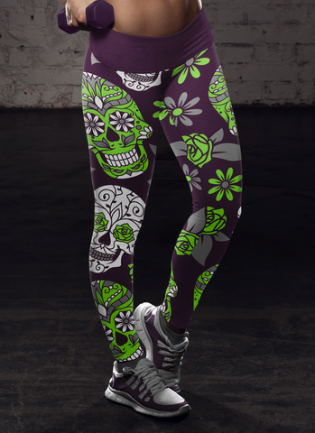 Image of Sugar Skull Green and Purple Leggings Yoga Pants