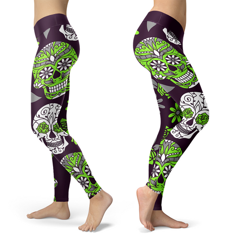 Image of Sugar Skull Green and Purple Leggings Yoga Pants
